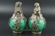 Rare Miao Silver Carve Kylin Dragon Phoenix Inlay Green Jade Lucky Pair Statue R Other Chinese Antiques photo 2