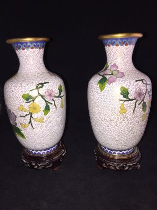 Pair Chinese White Cloisonne Floral Vases,  Box,  Vgc 7 