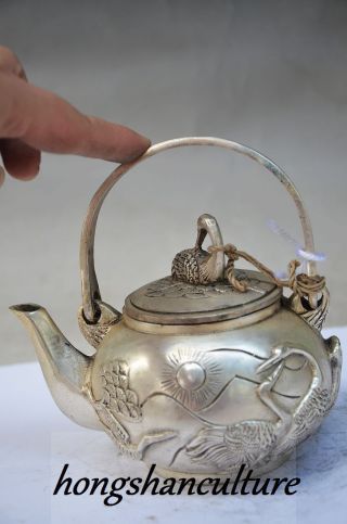 Chinese Silver Copper Handwork Carved Cranes Teapot photo