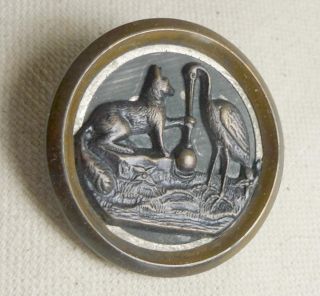 Antique Brass & Steel Fox & Stork Pictorial Button 2 Piece Large Button 1 3/8 