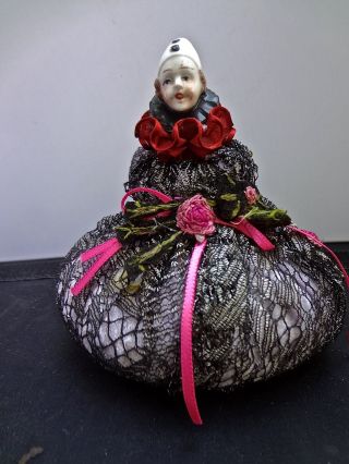 Antique Clown Head Doll Pincushion Metallic Lace Ribbon Antique Applique photo