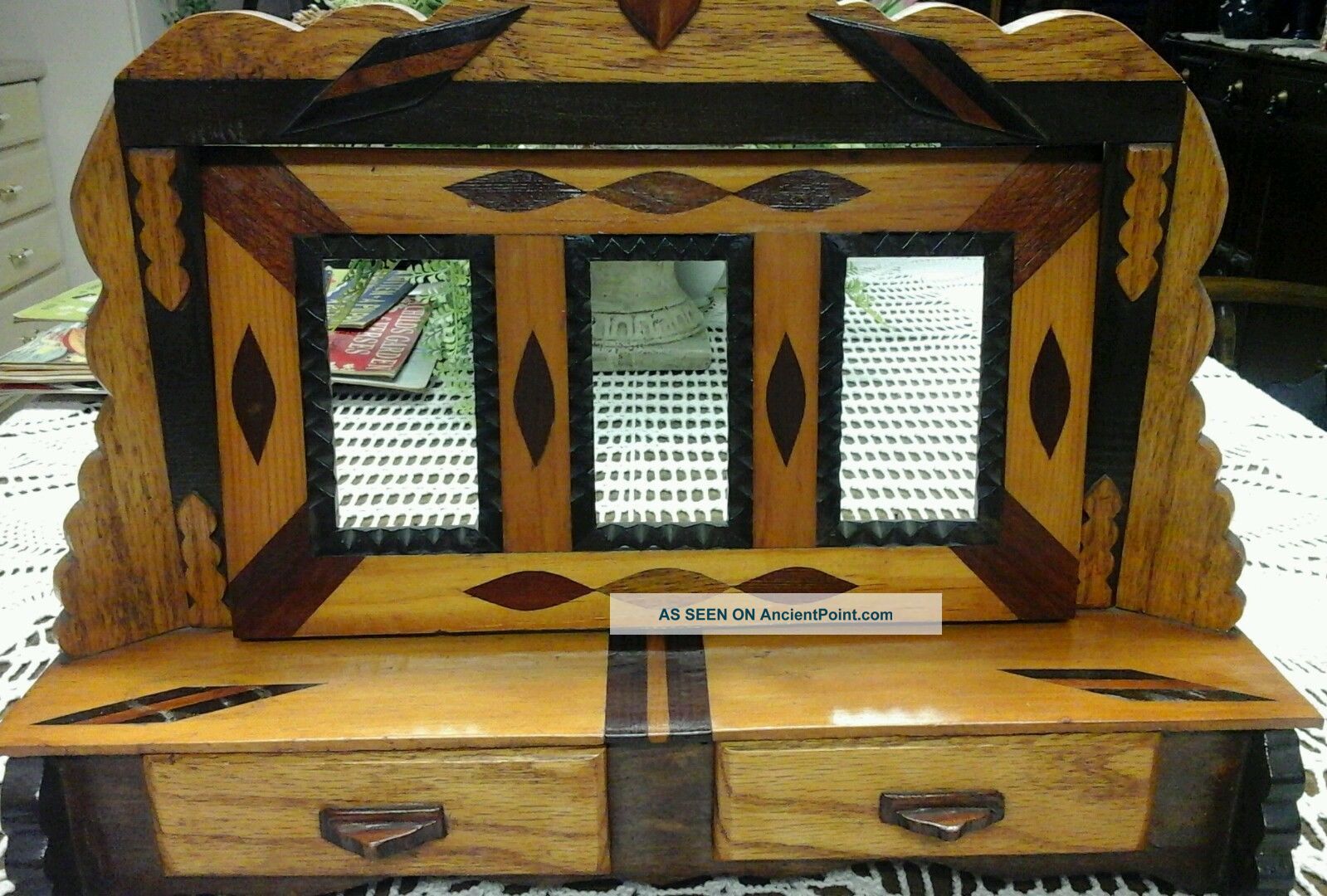 Tramp Art 3picture Frames 2 Drawer Inlaid Wood Hand Made Bureau Top/wall Hanging Other Antique Woodenware photo