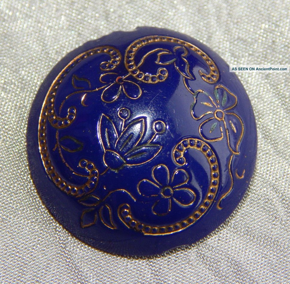 Antique Victorian China Glass Button Blue With Gold 311 - A Buttons photo