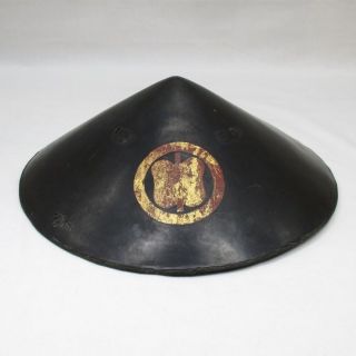 E605: Japanese Old Lacquered Samurai Military Hat Jingasa With Family Crest.  2 photo