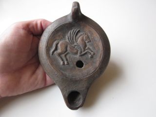 Perfect And Unique Roman Style Large Ceramic Oil Lamp - Embossed Pegasus photo