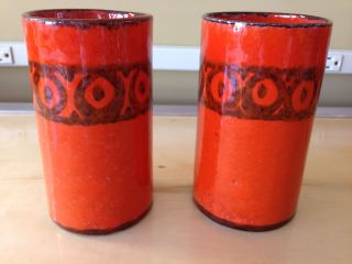Pair Atomic Orange Art Pottery Bitossi Raymor Italian Cylinder Vases Netter photo