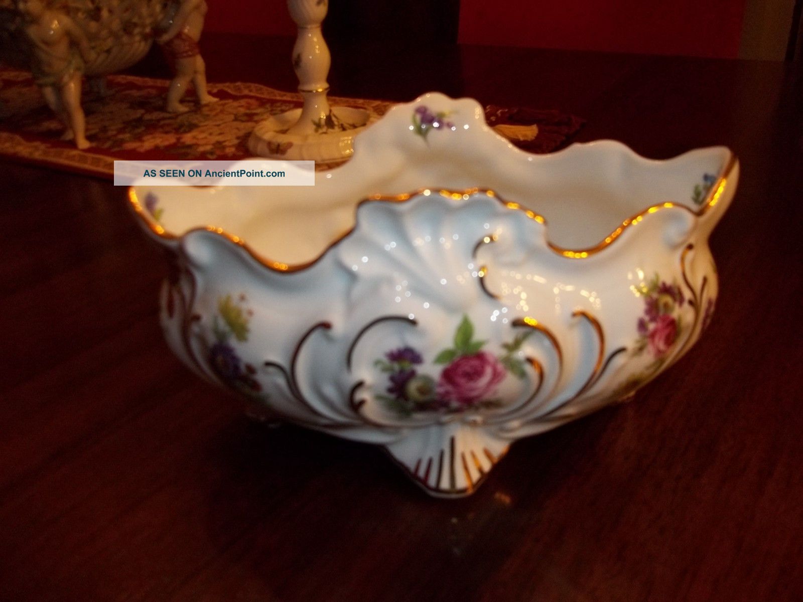 German Bavarian Porcelain Gloria Bayreuth Handwork Center Piece Dish Bowl Gold Vases photo