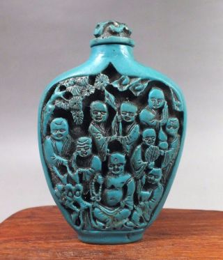 Chinese Turquoise Carving Eighteen Arhat Statue Snuff Bottle photo