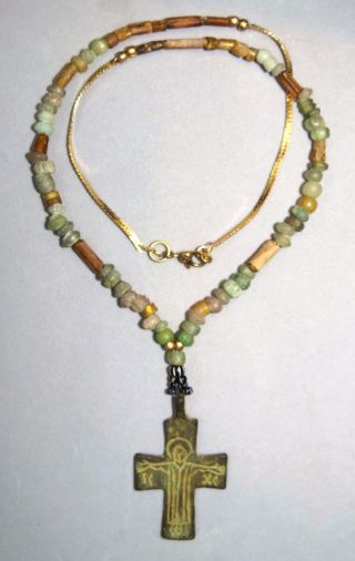 Ancient Medieval Bronze Cross Pendant,  Roman Beads Glass Necklace 20 
