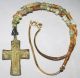 Ancient Medieval Bronze Cross Pendant,  Roman Beads Glass Necklace 20 