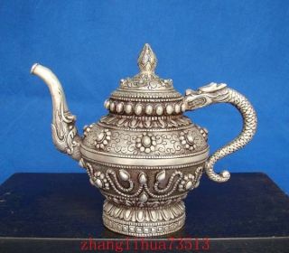 Antique Collectible Handmade Silver Teapot Dragon Chinese 5.  51 