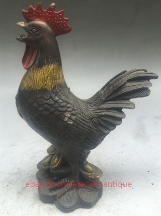 Chinese Bronze Copper Zodiac Year Cock Rooster Chicken Animal Wealth Statue photo