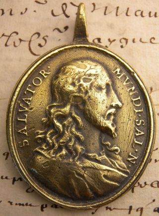 Jesus Savior & Mary Immaculate Salvator Mundi Salvation Medieval Bronze Medal photo