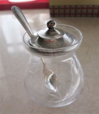 . 925 Sterling Silver Webster Jam Jelly Etched Jar Mustard Condiment Pot W/ Spoon photo