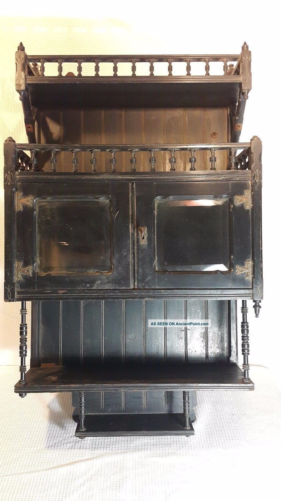 Antique Victorian Ebonized Eastlake Wood Hanging Shelf Lock Box Spinles 1800-1899 photo