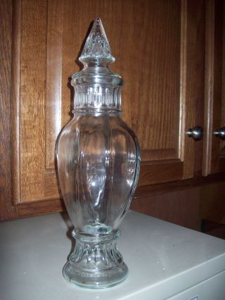 Vintage Apothecary Jar Fluted Finial Lid Clear Glass Drug Store Candy Dish photo