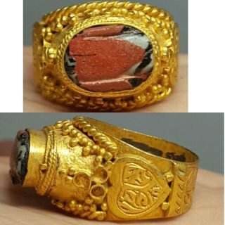 Roman Agate Intaglio Stone 24k Gold Gilded Silver Ring photo