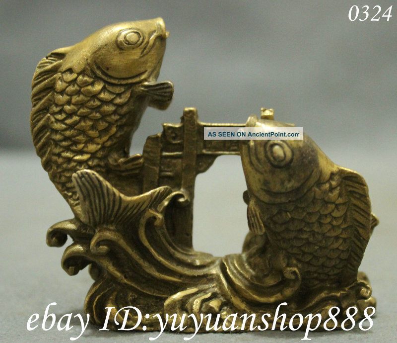 Chinese Exquisite Pure Brass Lucky Carp Fish Jump Dragon Door Art Statue Other Antiquities photo