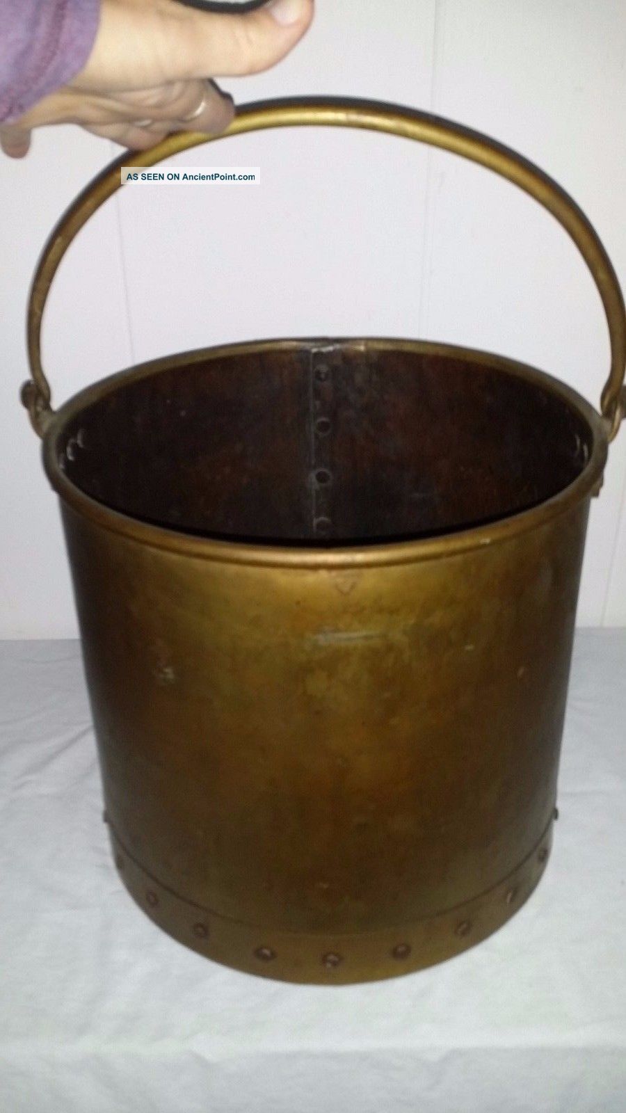 Antique Vintage Brass Riveted Bucket Coal Hod Wood Holder 11 1/4 