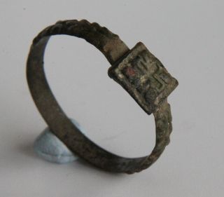 Ancient Medieval Period Copper Alloy Ring With Cross On Bezel 1100 - 1300 Ad photo