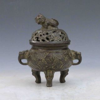 Chinese Bronze Handwork Carved Lion Incense Burner & Lid M0063 photo