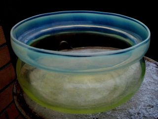 Ethereal Art Nouveau Opalescent Vaseline Circular Art Glass Bowl C.  1900 photo