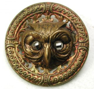 Antique Pierced Brass Button Owl Face W/ Cut Steel Eyes Design - 1 & 1/16 