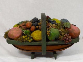 Antique Primitive Split Reed Basket With Hand Painted Wood Carved Fruit & Dried photo