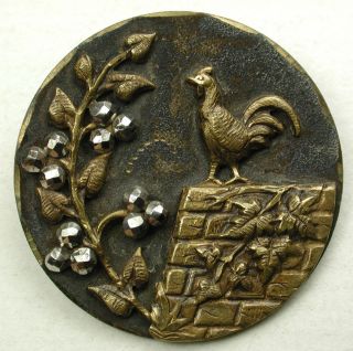 Antique Brass Button Rooster On Ivy Covered Wall W/ Cut Steel Accents 1 & 5/16 