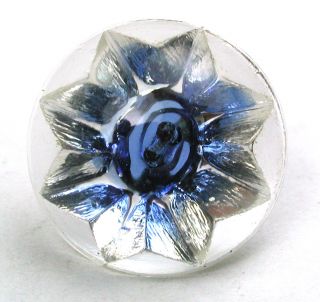 Antique Radiant Glass Button Back Molded Flower W/ Blue Color - 9/16 
