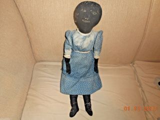 Aafa Best 1800s Black Americana Rag Doll Homespun Indigo Blue Star Dress photo