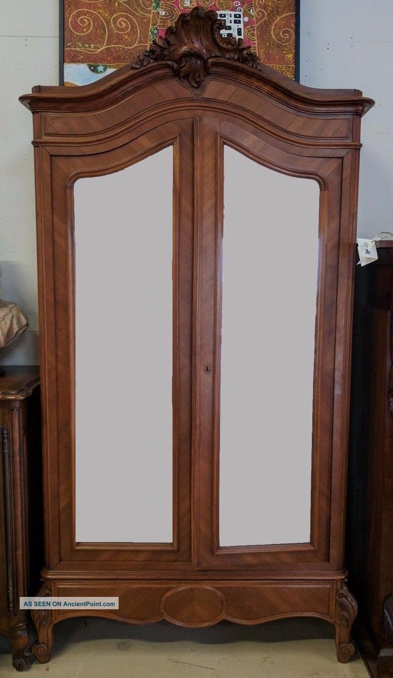 Antique French Louis Xv Walnut Armoire W Double Mirrored Door 1800-1899 photo