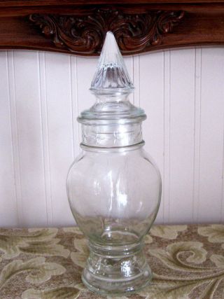 Vtg Apothecary Jar Fluted Finial Lid Clear Glass Drug Store Candy Dish Bridal photo