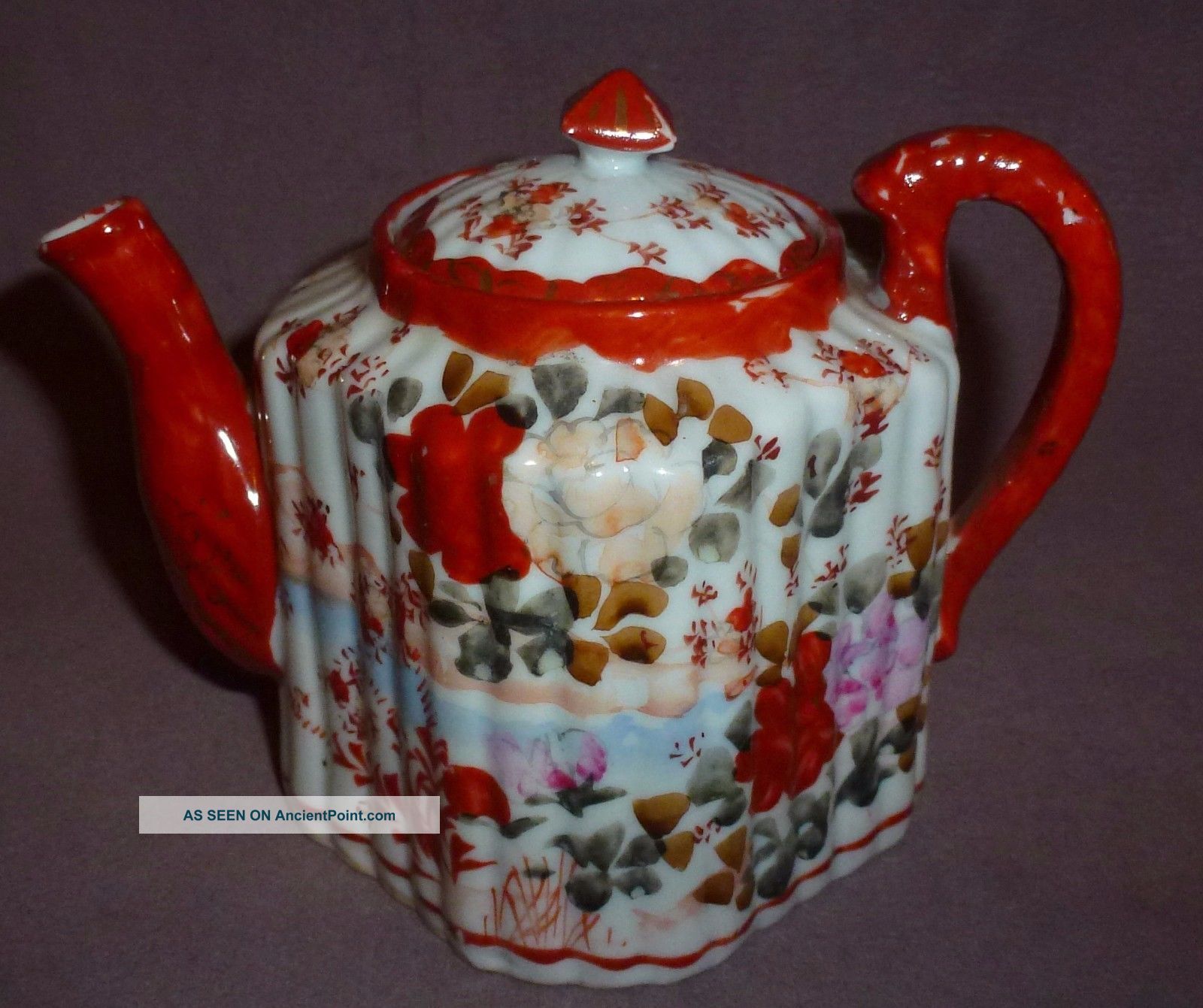 Kutani Teapot Very Unusual Shape Hand Painted 1850 - 1880 Mark To Base Porcelain photo
