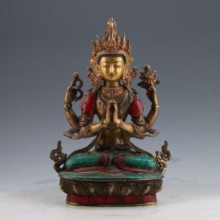 China Brass Gilt Turquoise Hand - Painted Carved Four Armt Tara Buddha Statue photo