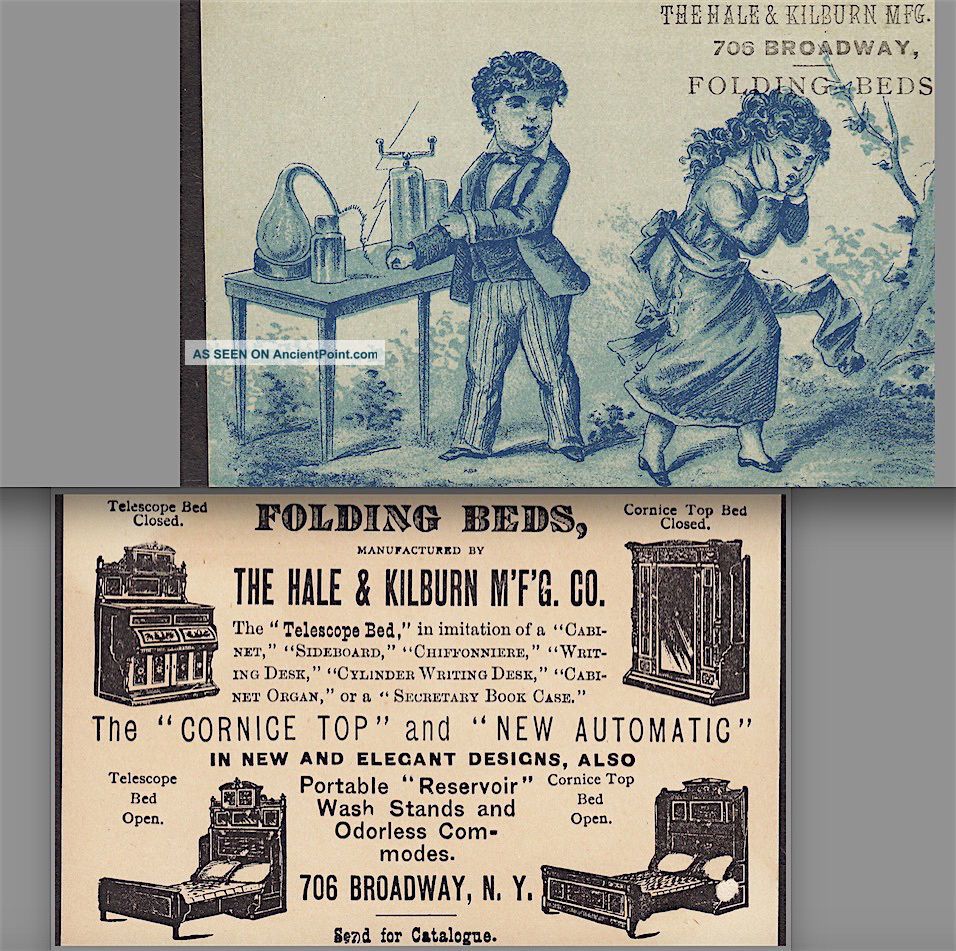 19th Century Electric Chemistry Experiment Hale & Kilburn Folding Bed Ny Ad Card Other Antique Science, Medical photo