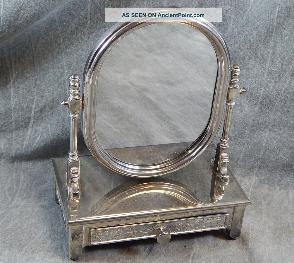 Vintage Silver Plated Or Chromed Or Nickel Dresser Mirror With Jewelry Draws Other Antique Silverplate photo