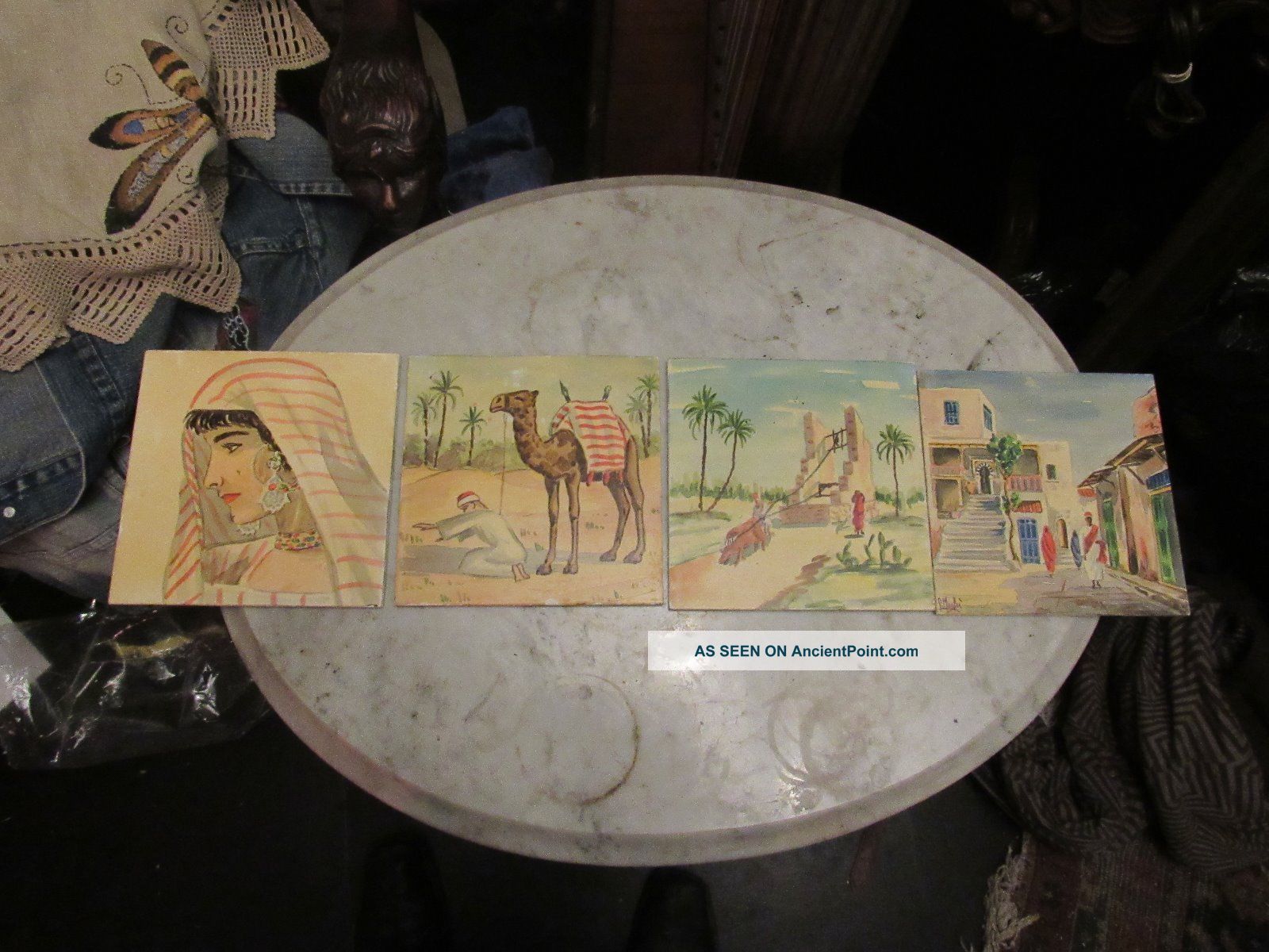 4 Vintage Hand Painted Tiles,  Germany/czeck Moroccan Scene Tiles photo