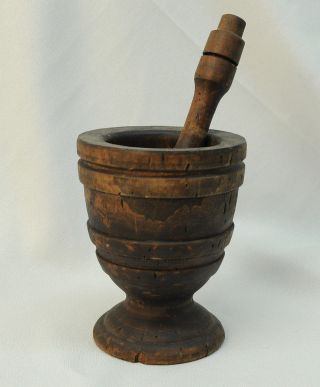 Wood Mortar & Pestle Treenware? Antique Old Turned Mortar Pestle Great Patina photo