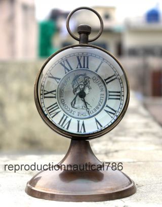Antique Brass Queen Elizabeth Desk Clock Nautical Home Decor G photo