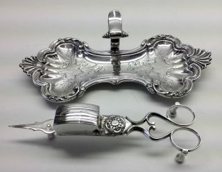 Antique Silver Plate Snuffer Stand & Similar Gilbert Wick Trimmers. photo