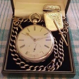 1859,  Fusee Pocket Watch,  Liverpool Jewelling,  Gold Hinges.  925 Albert Chain & Vesta photo