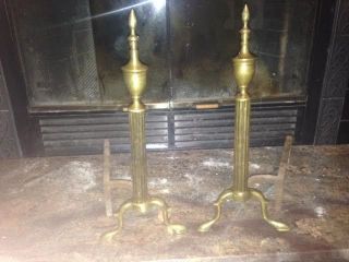 Vintage Brass Cast Iron Fireplace Andirons Firedogs Greek Pillar Column Finials photo