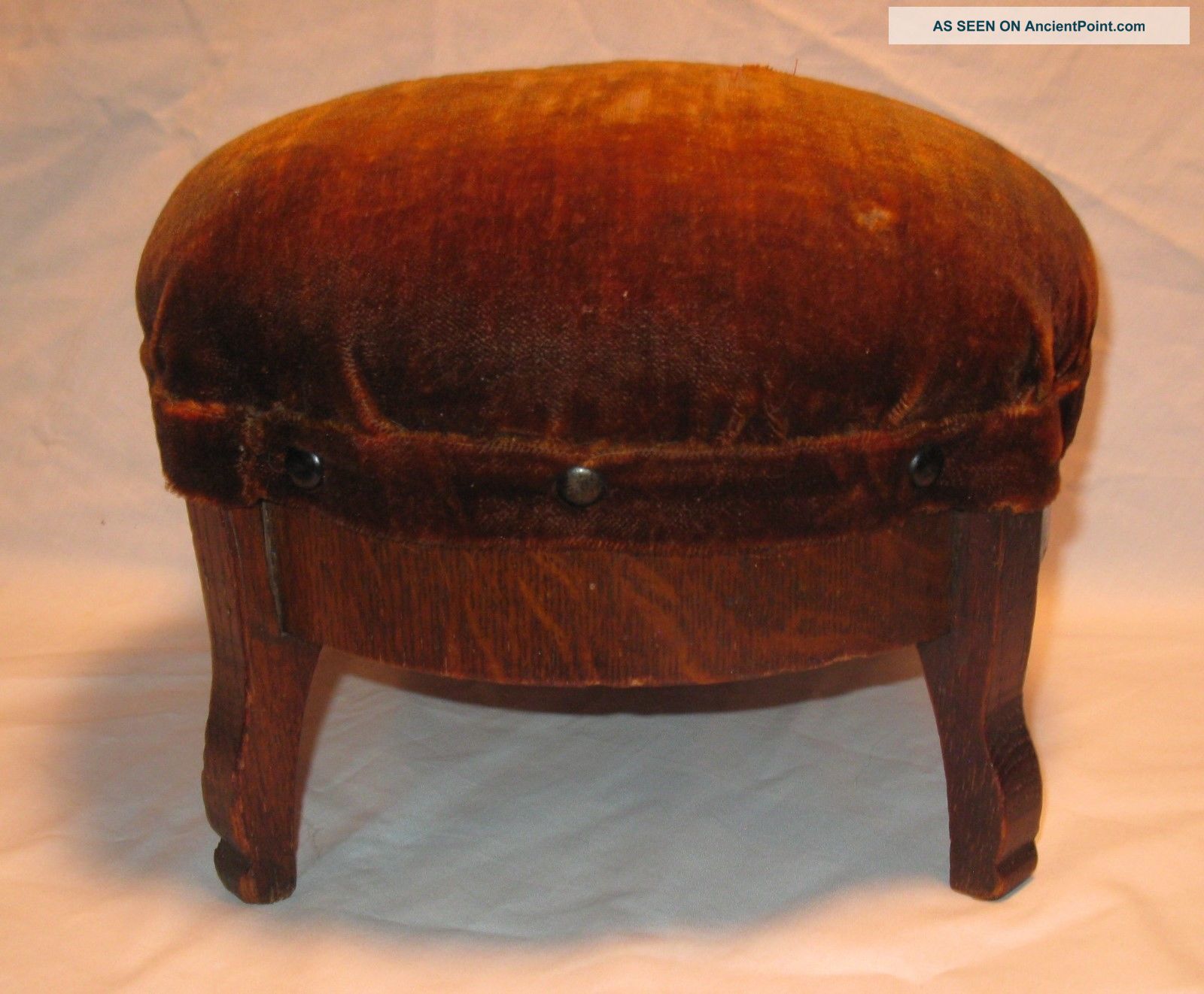 Antique Round Oak Stool Foot Rest Finish Mohair Upholstered Top Unknown photo