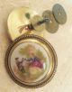 Antique Hand Painted Knobs Pair Brass Beaded Pastoral Country Scene Musical Drawer Pulls photo 2