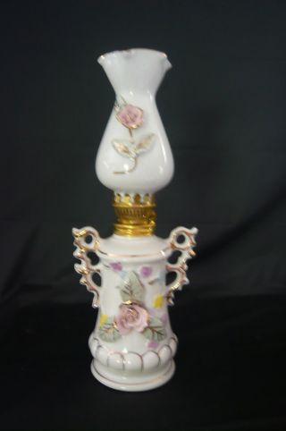 Dee Bee Small Oil Lamp Ceramic Flower Floral White Handpainted Japan Chimney photo