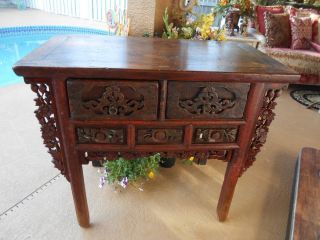 Antique Primitive Handcrafted Carved Wood Sideboard Table Or Console W/drawers photo