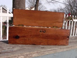 Vintage Wooden Box Wood Old Tool Storage Chest Primitive Display Lid With Hook photo