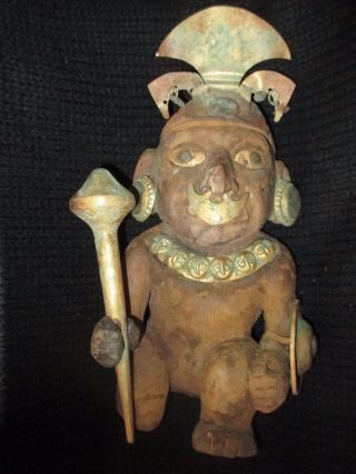 Mochica Wood Warrior And Gold Tumbaga Antique Precolumbian Moche photo