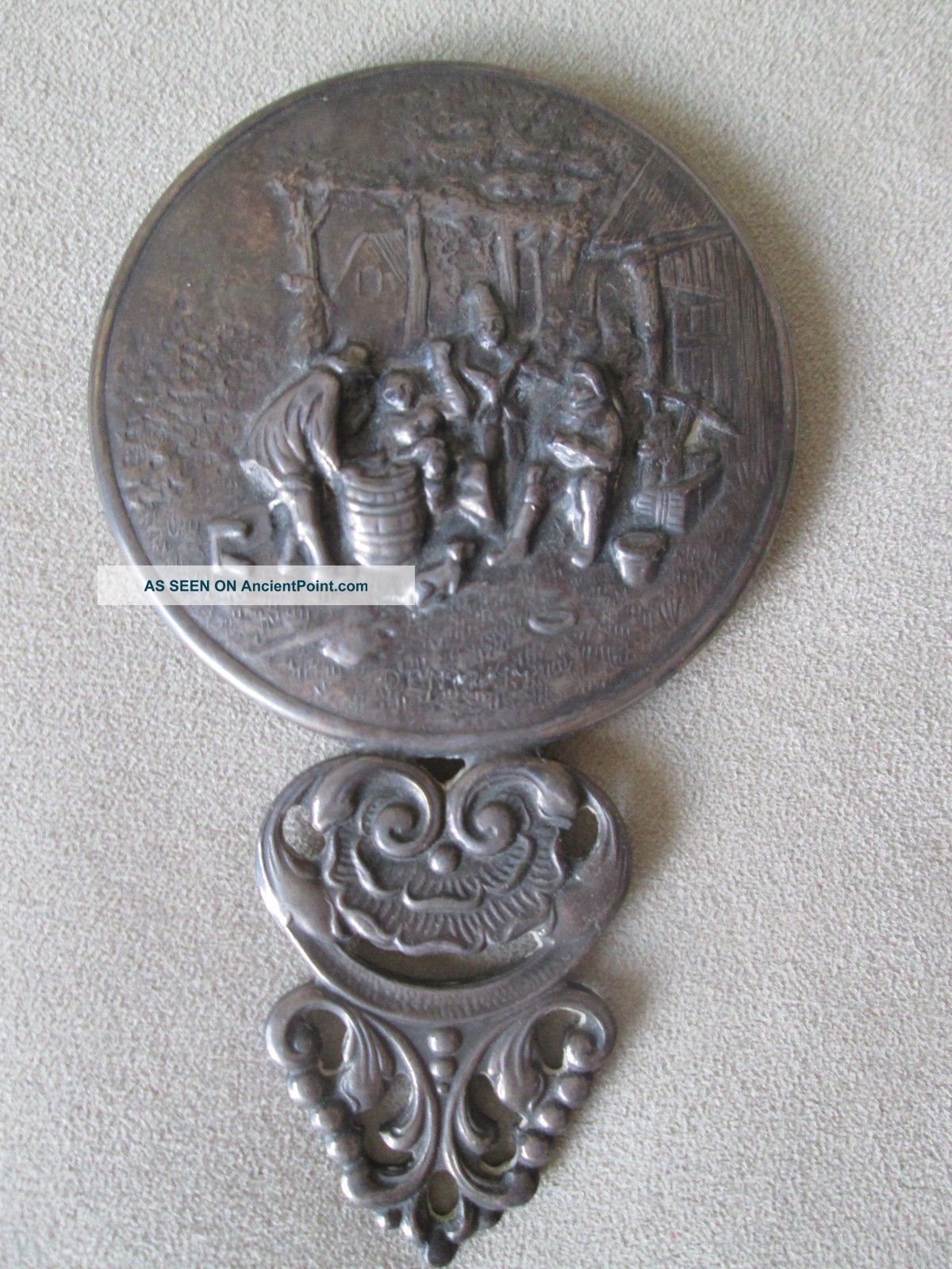 Vintage Hans Jensen Repousse Denmark Silver Plated Hand Mirror Fish Logo Other Antique Silverplate photo